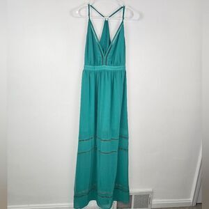 Lovers Friends Teal Deep V Neck Semi Sheer Strappy Lightweight Flowy Maxi Dress